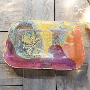 Vintage Hand Made Stoneware Pottery Dish Tray Artist Signed Embossed Butterfly
